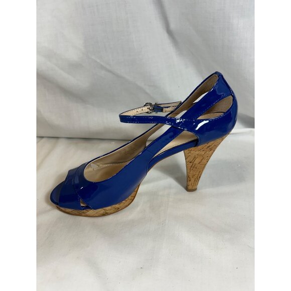 Franco Sarto Sulu Blue Patent Peep Toe Cork Heels Ankle Strap Shoes Women 8 - Picture 7 of 12